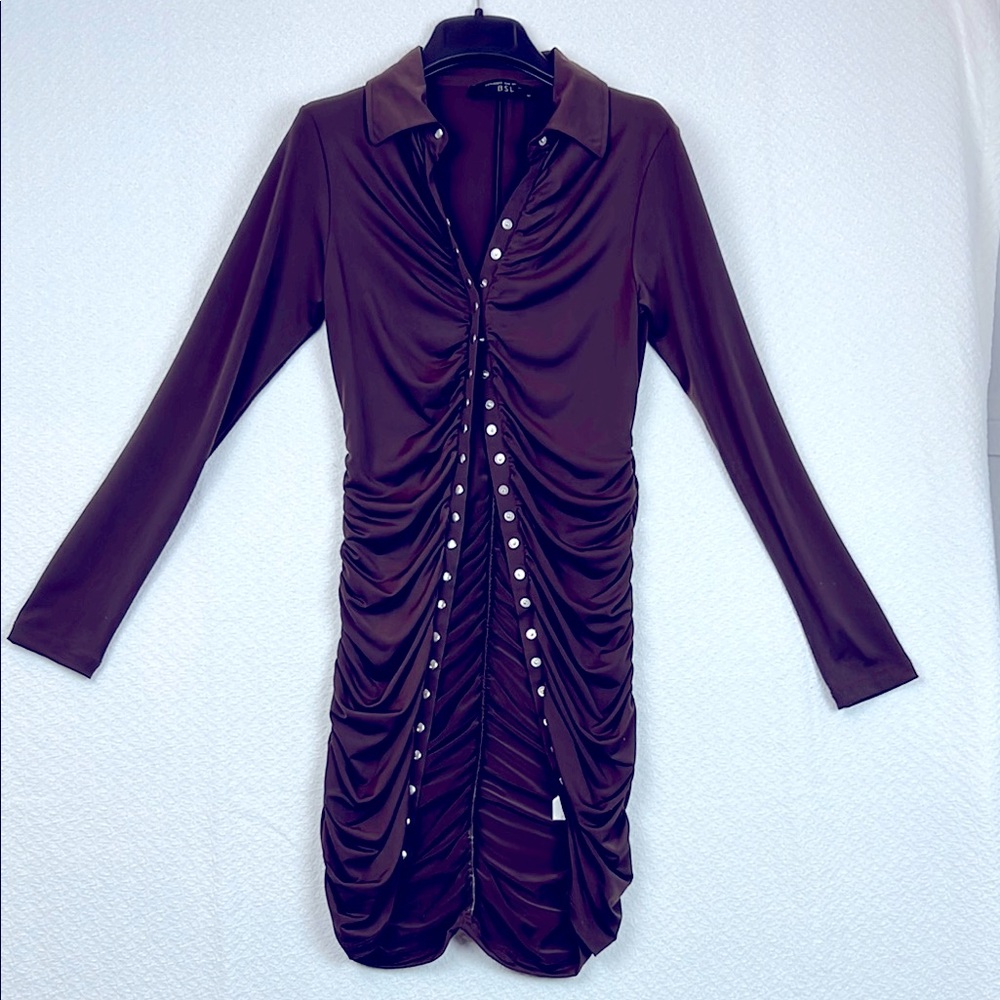 BSL Brown Ruched Dress Sz. M/S Stretch Long Sleeve Mini Snap buttons Cardigan